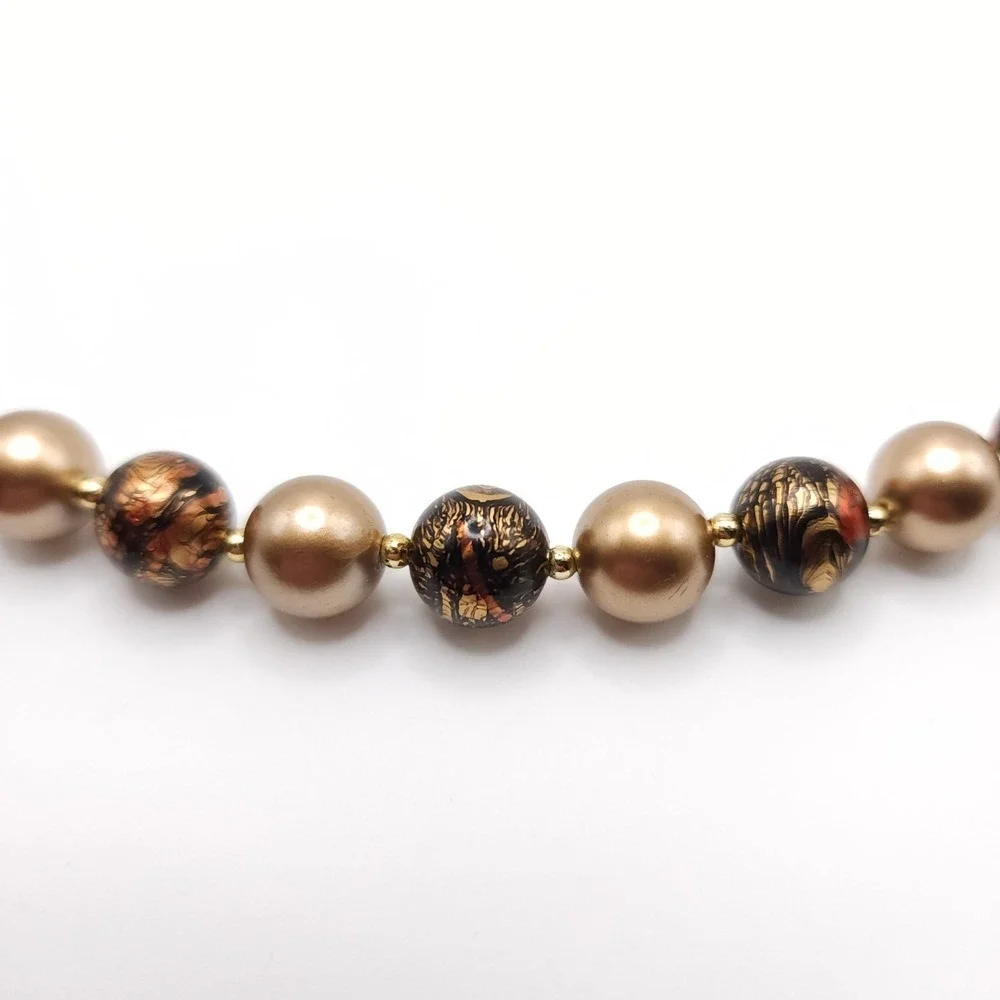 Gold Tone Black Marbled‎ Lucite Beaded Necklace Vintage 30 Inch Statement Gift